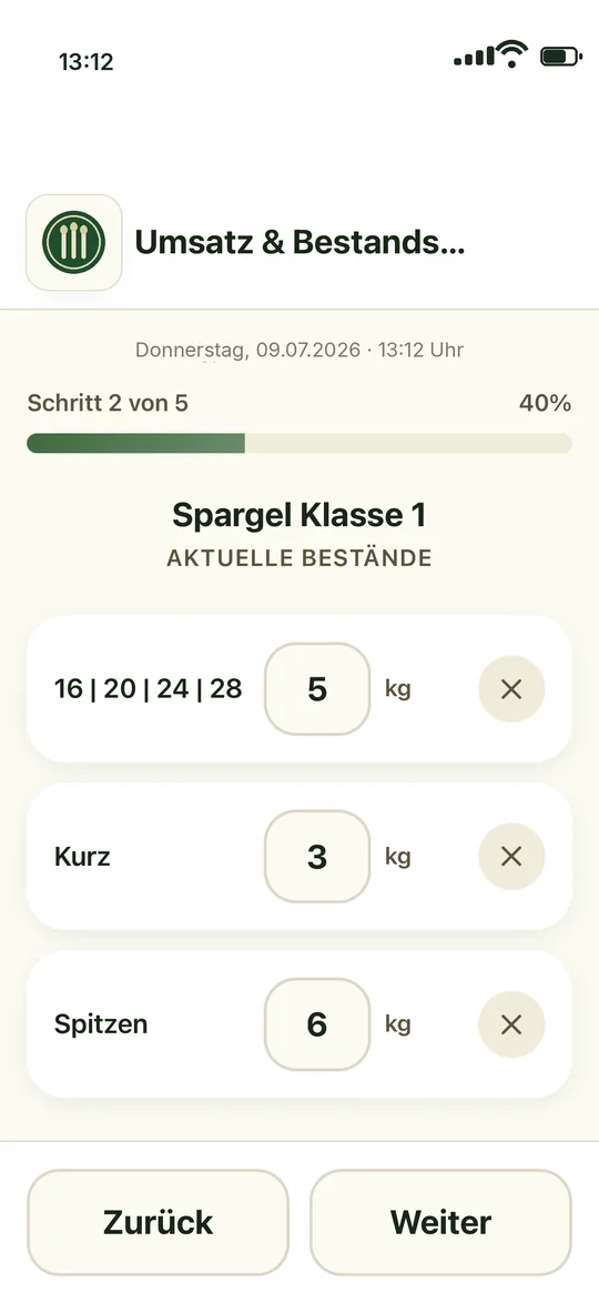 Melde-App: Erfassung der Bestände für Spargel Klasse 1 mit Mengenfeldern