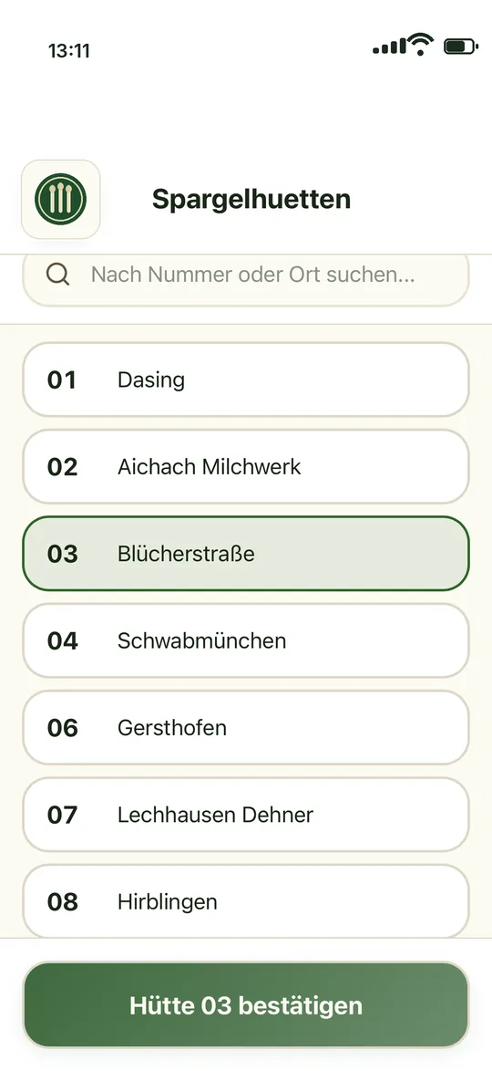 Melde-App: Liste der Verkaufsstellen mit Suchfeld, eine Hütte ist ausgewählt