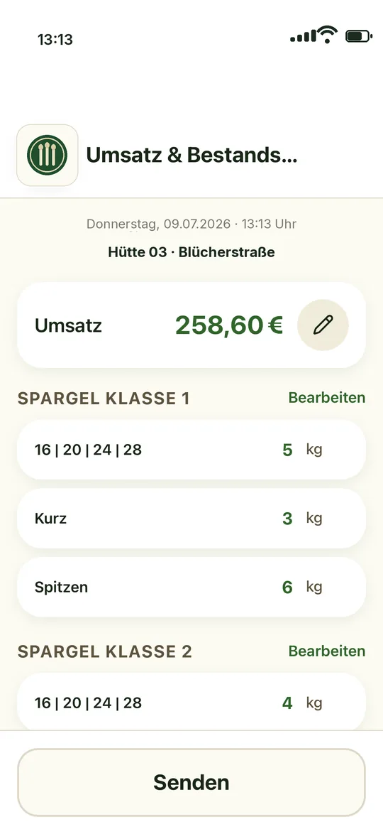 Melde-App: Zusammenfassung mit Umsatz 258,60 Euro und den Beständen je Gruppe, Knopf Senden